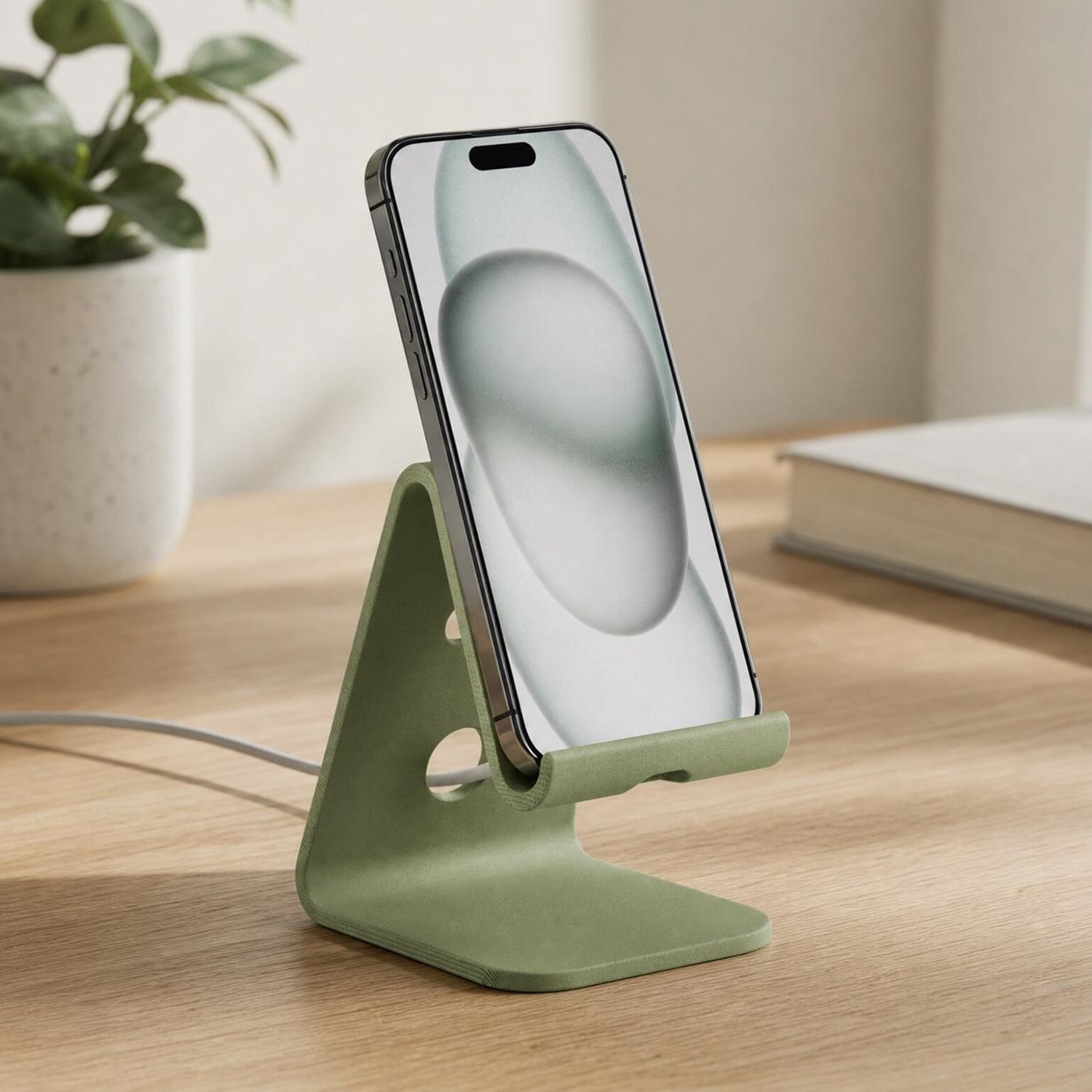 Sleek One-Piece Smartphone Support Stand With Built-In Cable Cutout For Desktop Charging