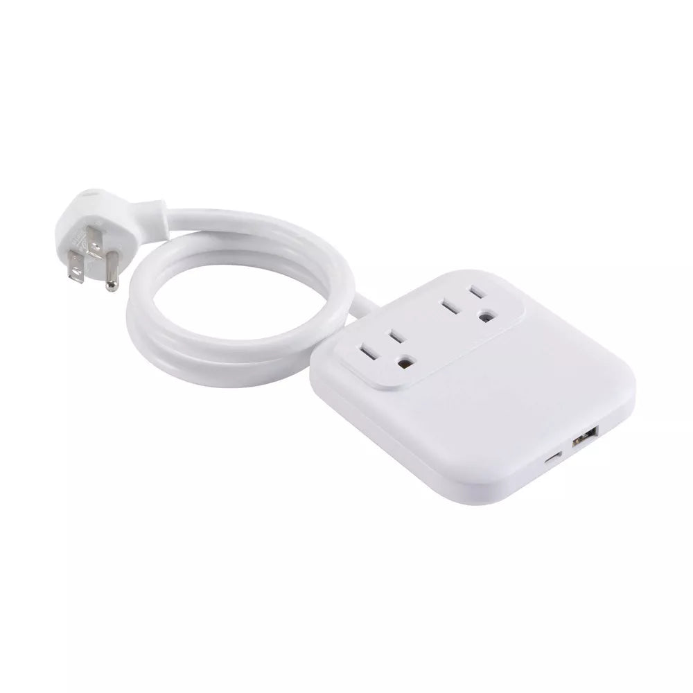 Compact Slim Power Strip with 2 AC Outlets and Dual USB Ports, 2ft Power Cord