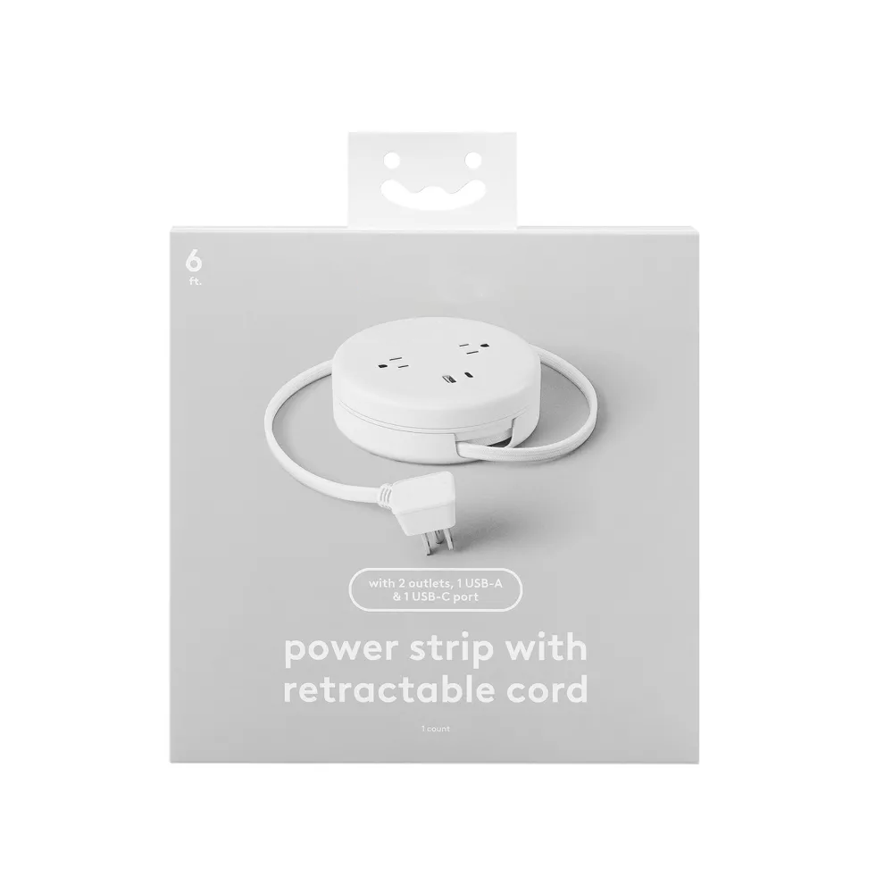 Round Retractable Power Hub with 2 AC Outlets & Built-In Retractable 6ft Cord