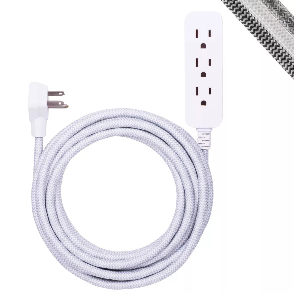 3-Outlet Grounded Extension Power Cord with 15ft Braided Flat Plug Cable